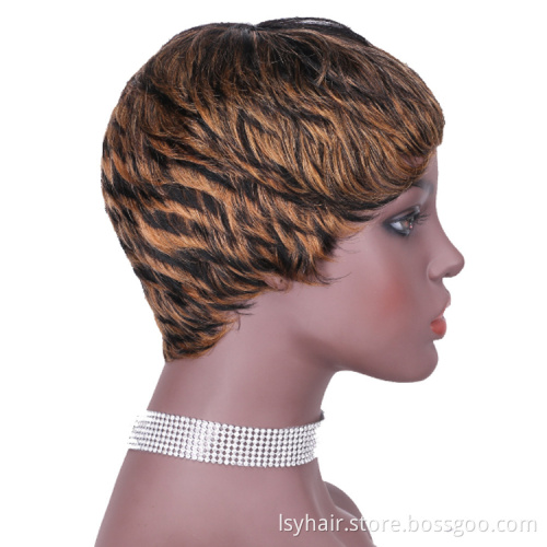 Non Lace Mix Blonde Brown Ombre Color  Short Human Hair Wigs, Pixie Cut Aliexpress Short Non Lace Machine Made Hair Wigs
